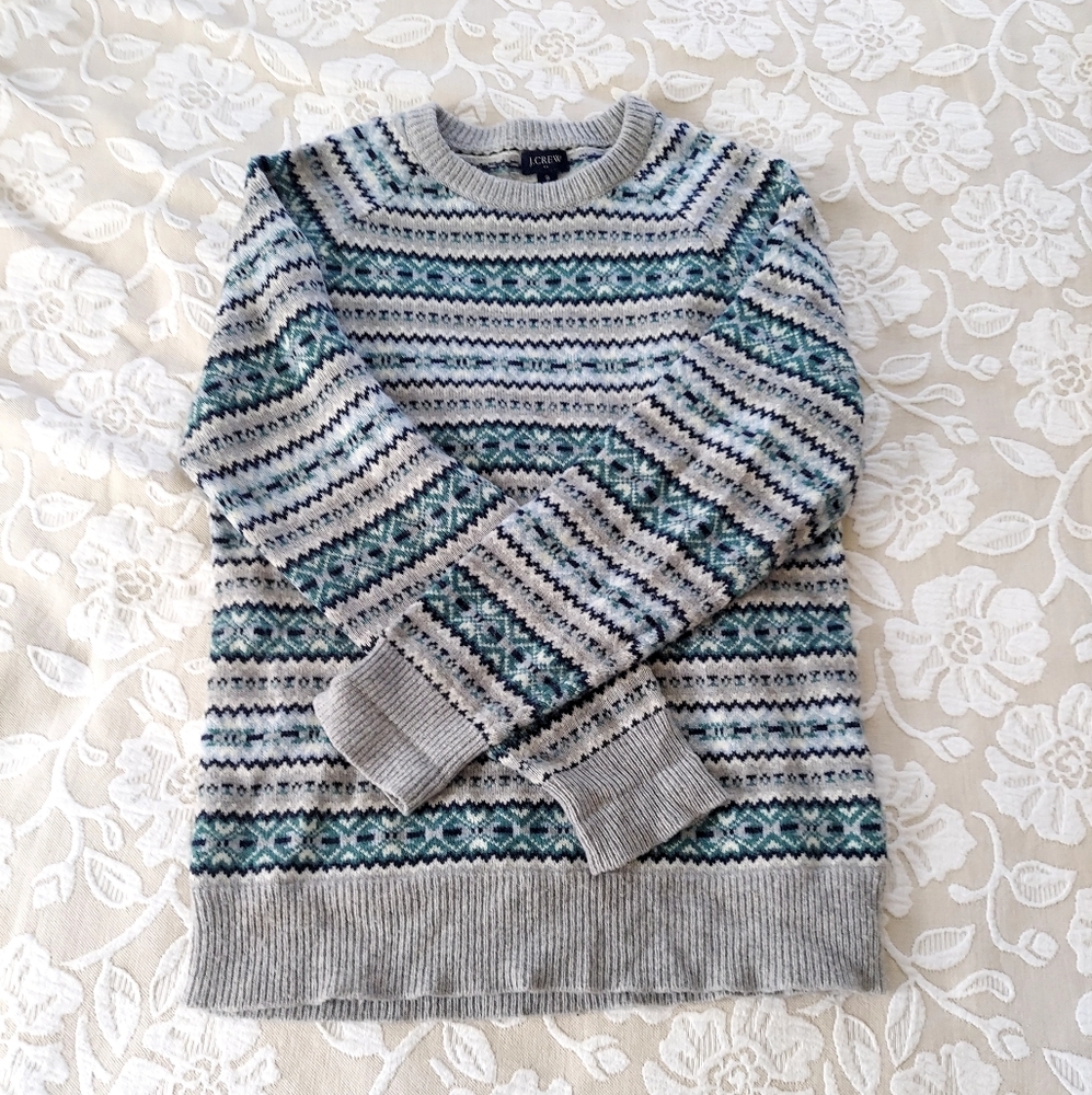 J Crew Fair Isle Sweater Women Small Gray Green Blue Crewneck Wool Blend Soft